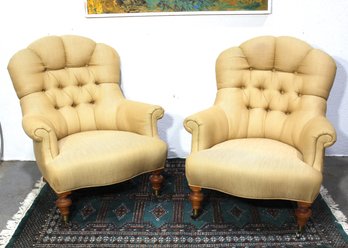 Pair Of Vintage Ethan Allen Tufted Upholstered Armchairs On Casters