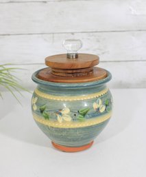 Vintage French Pottery Humidor Jar W/ Wooden Lid & Glass Knob  Hand Painted Floral  7.5'