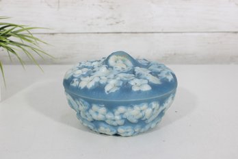 Vintage Phoenix Glass Sculptured Artware Phlox Candy Dish Blue White Covered Bowl 6.5'