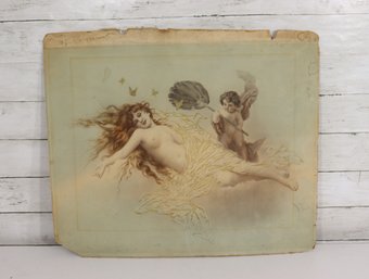 Antique Art Print Of Cherub & Reclining Figure  Decorative Wall Art  19 X 23.5