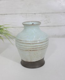 Studio Pottery Vase  Blue Glaze W/ Ribbed Detail & Dark Base  Handmade Ceramic  6.5'