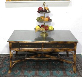 Vintage Asian-Inspired Glass-Top Coffee Table With Dual Drawers