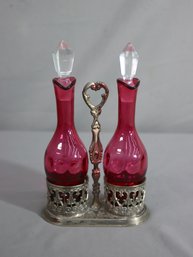 Vintage Fenton Cranberry Glass Thumbprint 2 Piece Cruet Set With Carrier