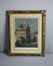Vintage Pencil Signed Lithograph Entitled Oberhaus In Carved Wood Frame