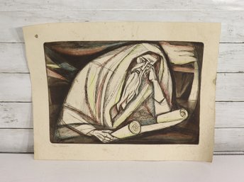 Signed Amen Figurative Art Print / Drawing  Expressive Seated Figure 'torah' Unframed  16 X 21-54/250