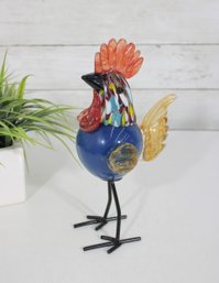 Murano Style Art Glass Rooster Sculpture  Multicolor Hand Blown Bird W/ Metal Legs  9.5'