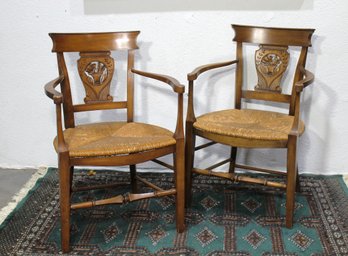 Pair Of Handcrafted Wood And Rush Seat Armchairs With Decorative Floral Motif