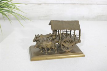 Vintage Brass-Tone Figural Sculpture  Oxen Cart Scene  Asian / Folk Art Style  4' X 6''