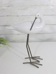 White Ceramic Bird Sculpture W/ Metal Legs  Modern Coastal Decor Figurine  12.5' X 9'