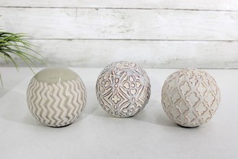 Set Of 3 Decorative Ceramic Orb Spheres  Textured White  4.25' Tall
