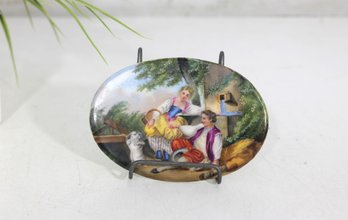 Antique Hand-Painted Porcelain Plaque  Romantic Pastoral Scene  Miniature  3' X 4.5'