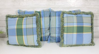 Set Of 4 Plaid Throw Pillows Blue Green Fringe Trim Decorative Cushions 16' X 17'
