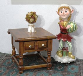 Rustic Wooden End Table With Dual Drawers And Turned Legs