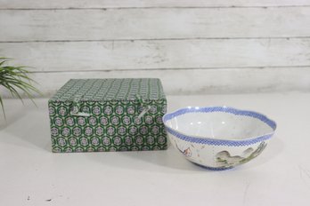 Vintage Asian Porcelain Bowl W/ Scenic Landscape & Birds  Boxed  7 Round