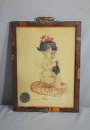 Framed Vintage Antiqur Original Watercolor Portrait Of Yound Toddler With Yarn, Signed  Bischoff 1918