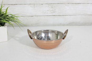 Hammered Indian Copper Serving Bowl W/ Brass Handles  Decorative Dish  6' Round