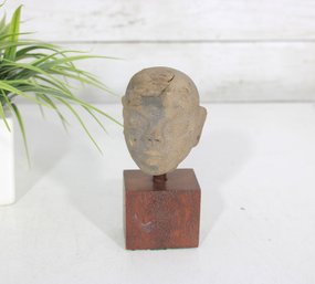 Vintage Sculpted Head On Wood Base  Abstract / Folk Art Style  5.5' Tall