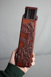 Vintage Chinese Chopsticks In Carved Lacquered Box With Dragon Motif