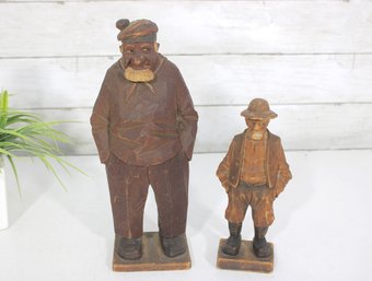 Pair Of Vintage Hand-Carved Wooden Figures  Folk Art Gentlemen  7.5' & 10.5' Tall