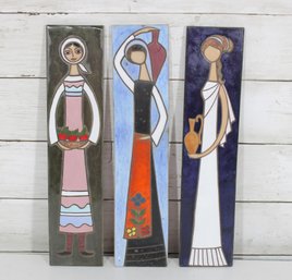 Set Of 3 Signed Mid-Century Modern Tile Wall Art Stylized Women Panels 13' X 3'