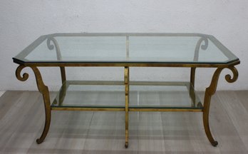 Fabulous & Substantial Neoclassical Brass-tone Glass Top Coffee Table
