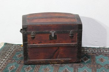Antique Wooden Steamer Trunk With Domed Lid And Metal Accents