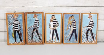 Set Of 5 E. Mixandidou Vintage Ceramic Hanging Tiles Modernist Wall Art Fishermen
