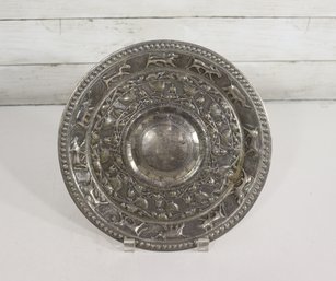 Vintage Ornate Silver-Tone Decorative Plate / Charger  Floral & Bird Motif  10' Round