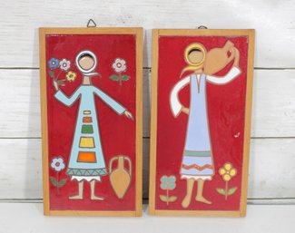 Set Of 2 Signed ' E. Mixandidou ' Vintage Ceramic Hanging Tiles Modernist Folk Art Red Panels 8.5'