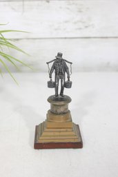 Vintage Figural Metal Sculpture On Tiered Base  Porter / Water Carrier Figure  4.5' Tall