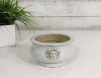 Vintage White Ceramic Cachepot / Planter W/ Raised Floral Medallion  3' H