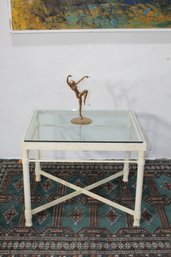 White Metal And Glass Accent Table With Crossbar Base