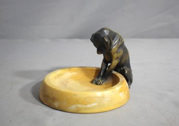 Charming Bronze And Marble Dog Sculpture On Pedestal Dish