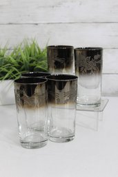 Set Of 4 Vintage Smoky Silver Fade Highball Glasses  Etched Floral Design, 6H