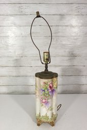 Antique Hand-Painted Porcelain Table Lamp  Floral Panels  Gilt Feet  Needs Rewire  26' H