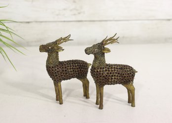 Pair Of Vintage Jeweled Metal Deer Figurines  Rhinestone Studded  4.5' H