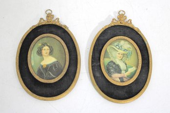 Pair Of Antique Oval Portrait Miniatures In Gilt Frames  Victorian Ladies  6.5' X 4'