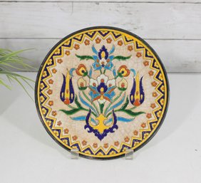 Vintage Hand Painted Decorative Plate Floral Geometric Design 9' Round Marked D34