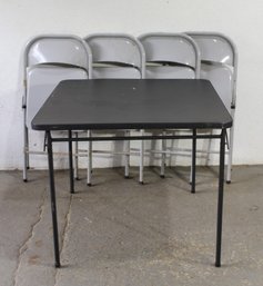 Folding Card Table And Four Metal Folding Chairs