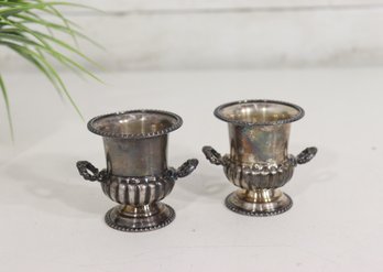 Pair Of Vintage Silver-Tone Mini Urns / Vases  Marked Base (Illegible)  2.5 H