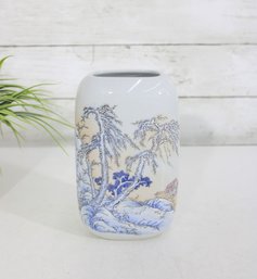 Blue & White Asian Style Porcelain Brush Pot / Vase  Scenic Landscape Motif  7' H Decorative Ceramic