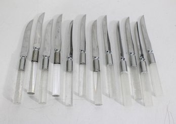 Set Of Lucite Handle Steak Knives  Mid-Century Modern Clear Acrylic Flatware  Stainless Steel Blade Set