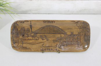 Vintage Sydney Australia Hand Carved Wooden Souvenir Tray  Harbor Bridge Scene  11.5'
