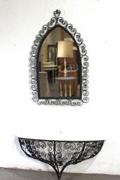 'Vintage Wrought Iron Mirror And Marble-Top Console Set