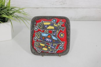 Vintage Mid-Century Modern Enamel Copper Dish Abstract Fish Design Signed 5.5'