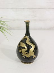 Vintage Asian-Style Black & Gold Dragon Vase  Hand Decorated  6' H  Chipped