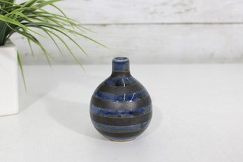 Vintage Japanese Miniature Ceramic Vase Blue & Brown Drip Glaze 3.5' Bud Vase