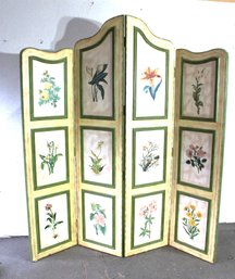 'Vintage Four Panel Hand-Painted Floral Folding Screen  Decorative Room Divider'