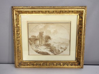 Framed 18th Century Classical Landscape Drawing - Ornate Gilt Frame (15.5' X 17')