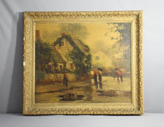 Vintage Reproduction Print After Camilla Charnak Canvas Rainy Day In Rockport, Awesome Shabby Chic Frame